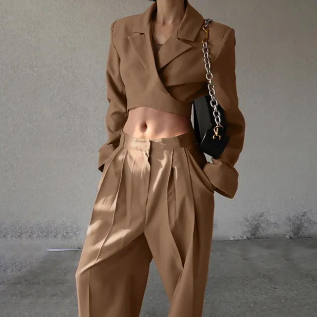 Long sleeve Cropped Blazer And High waist Casual Wide leg Pants Set Brown - Shop at LoveMi