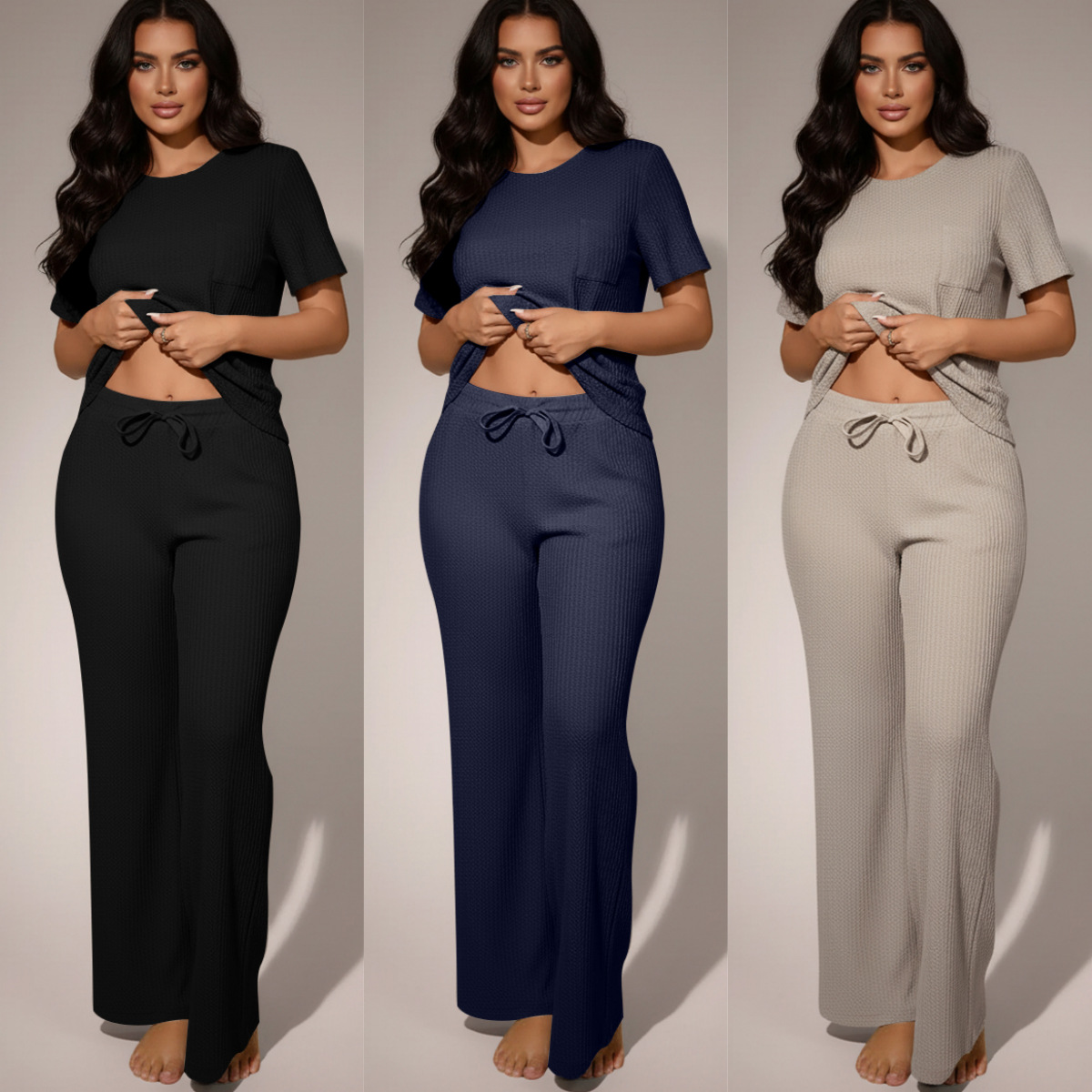 Womens Waffle-Textured Short-Sleeve And Long-Pants Set