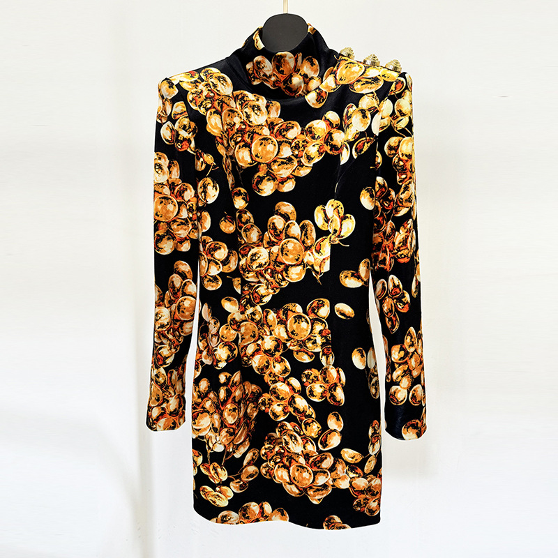 Personalized Grape Print Pleuche Long Sleeve Slim-fit Sheath Dress