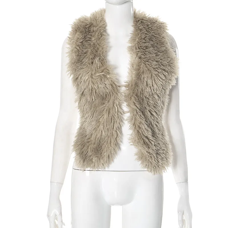 Sexy Bare Back Fur Collar Halter Vest - Khaki