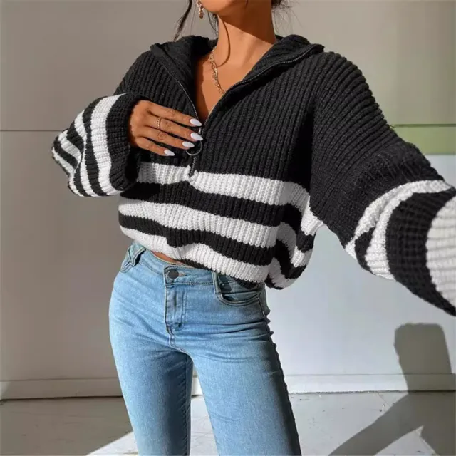 New Striped Contrast Color Stand up Collar Knitted Pullover Sweater Outerwear Women Black - Shop at LoveMi