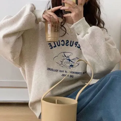 Women's Fleece lined Thick Round Neck Fashion Loose Sweater Light Gray - Shop at LoveMi