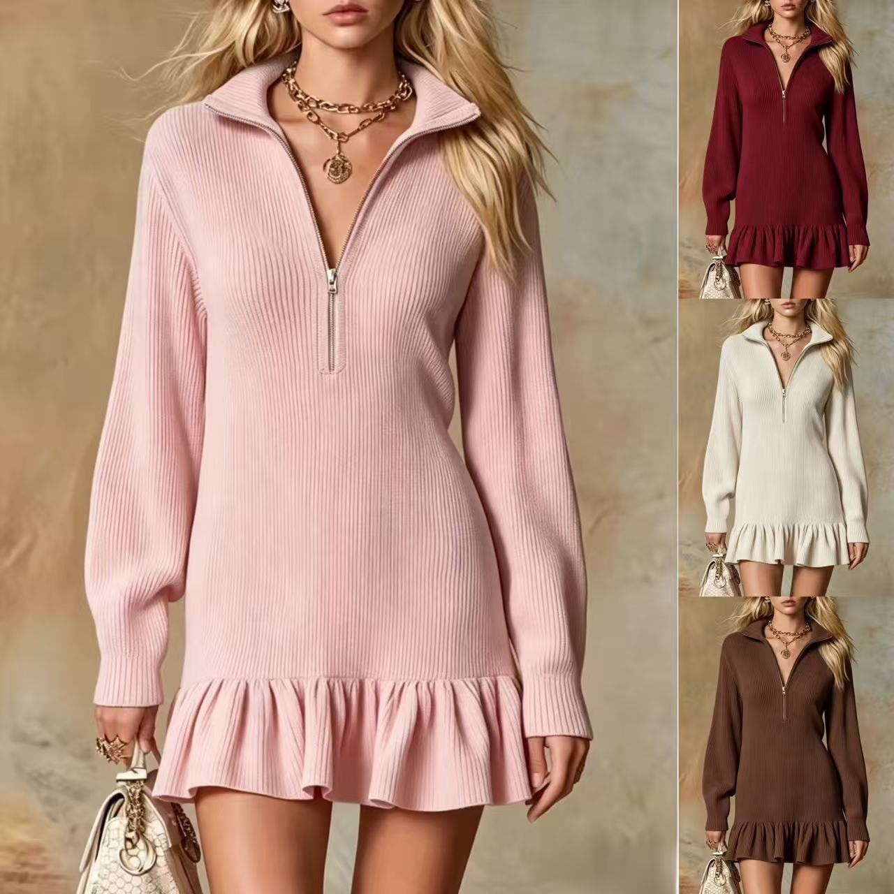 Women's Long-sleeve Dress With A Half-zip And Lapel Collar