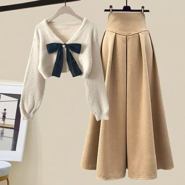 Women's Gentle Oversized Knitted Cardigan Sweater With Skirt Apricot Sweater Khaki Skirt - Shop at LoveMi
