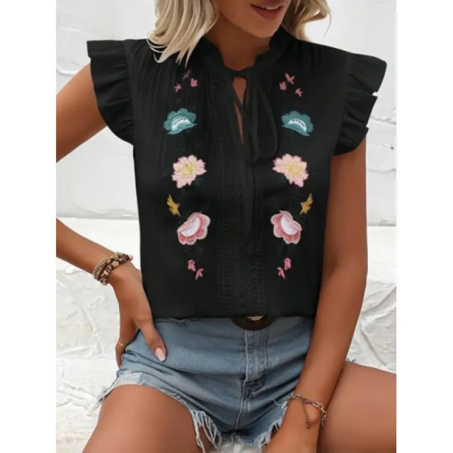 Women's All match Leisure Embroidery Short sleeved Shirt Black - Shop at LoveMi