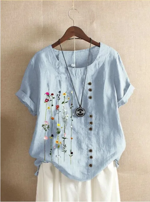 Retro Cotton And Linen Printed Loose Short sleeved Shirt For Women Blue - Shop at LoveMi