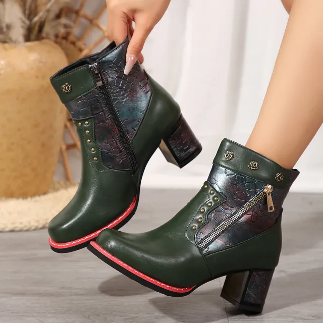 Autumn Winter Retro Stitching Chunky Heel High Heel Short Martin Boots Green - Shop at LoveMi