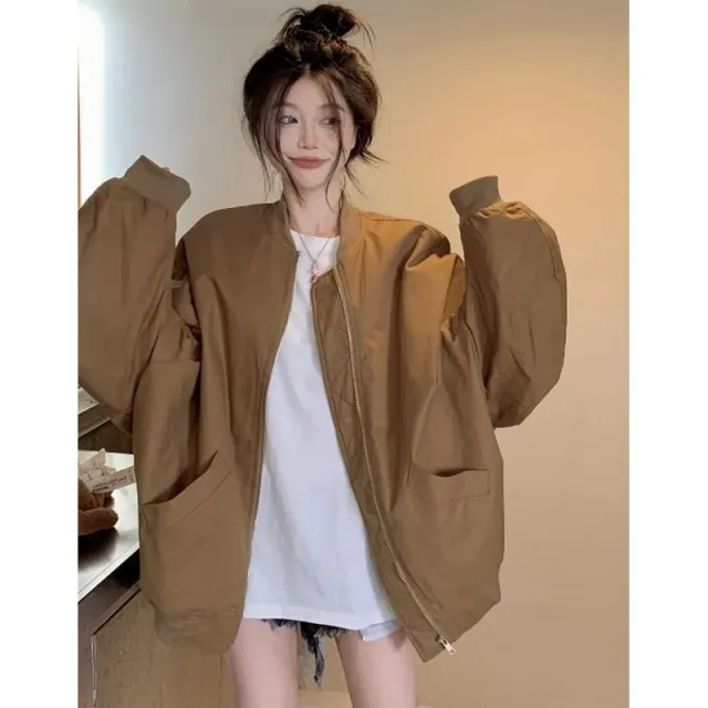 Retro Jacket Top Pilot Coffee Color Stand Collar Brown - Shop at LoveMi