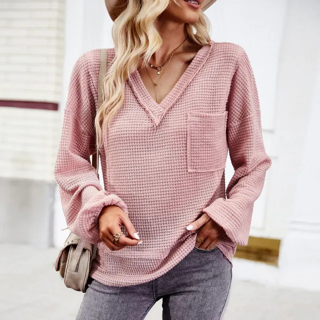 Women's Fashion Solid Color V neck Long sleeve Knitwear Top Pink - Shop at LoveMi