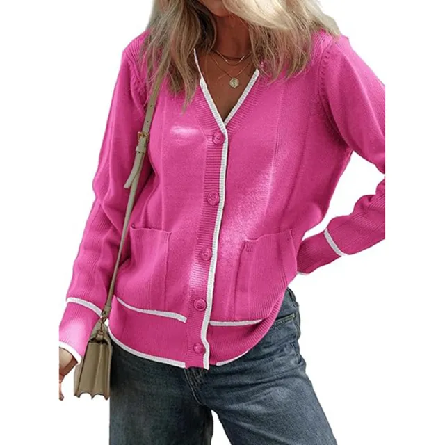 Women's Knitted Button Coat Color Matching Sweater Rose - Shop at LoveMi