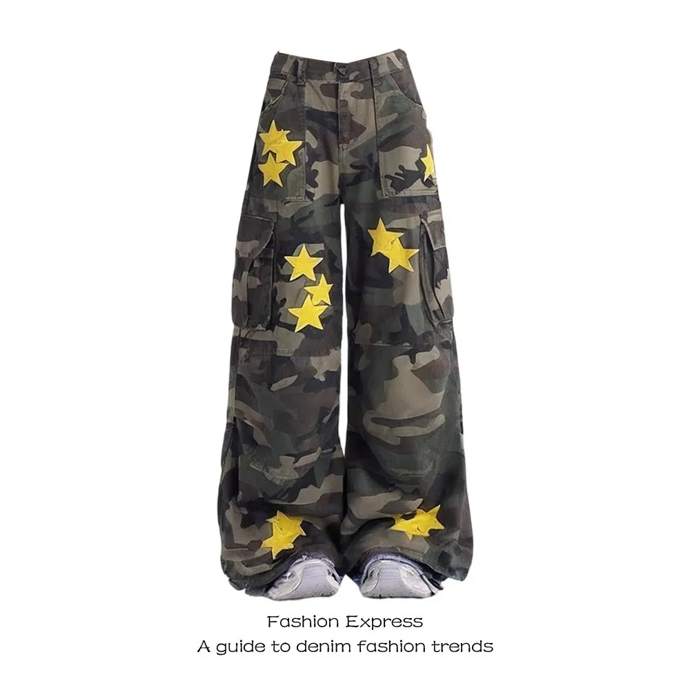 Retro Camouflage Workwear Jeans Women's Wide Leg Mop Pants - Camouflage-2Xl