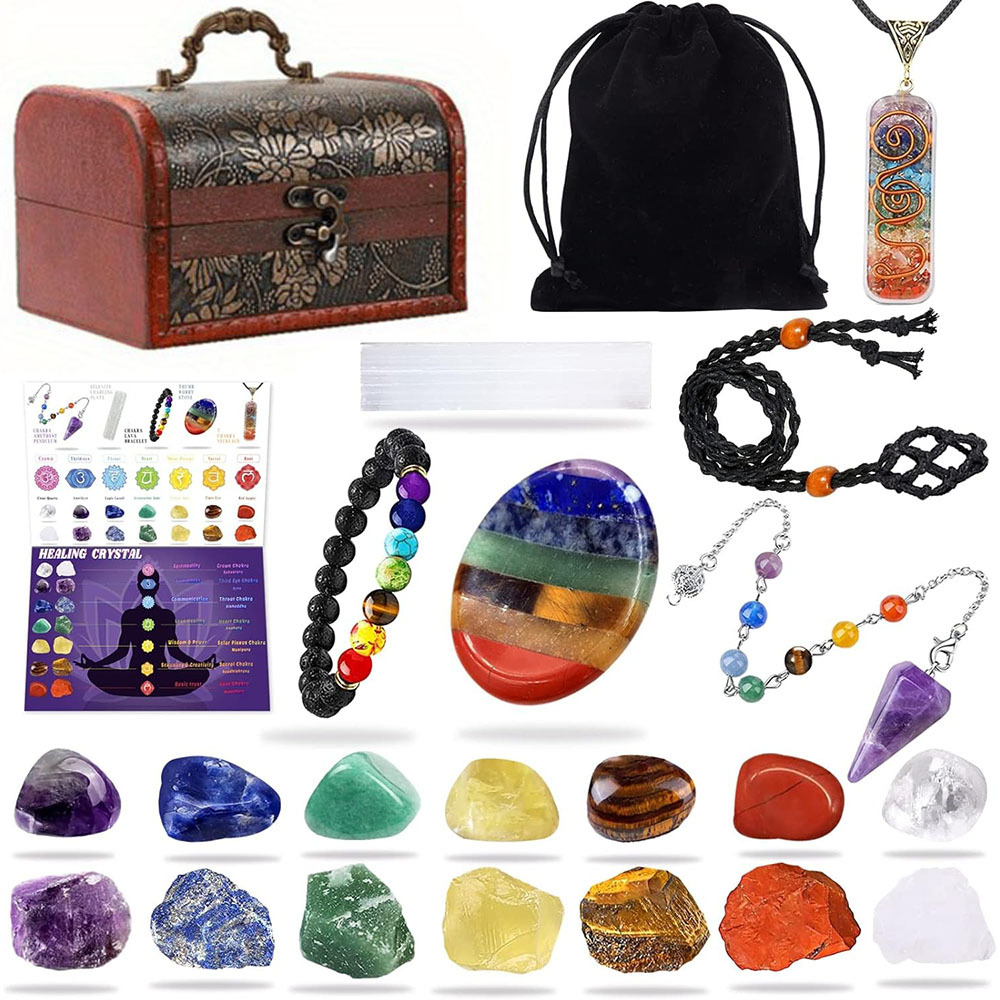 22pc Natural Yoga Crystal Woven Net Pocket Pendant Necklace