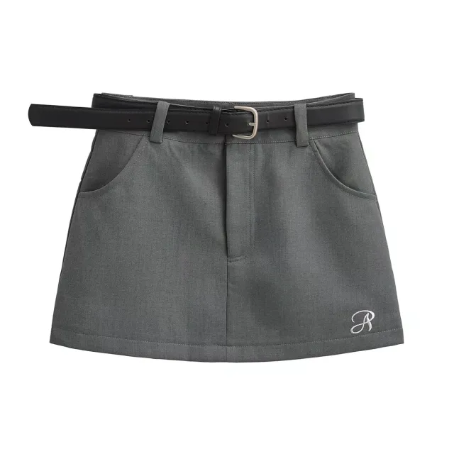 Letter Embroidery Anti exposure High Waist Retro A Line Short Skirt For Women Gray - Shop at LoveMi