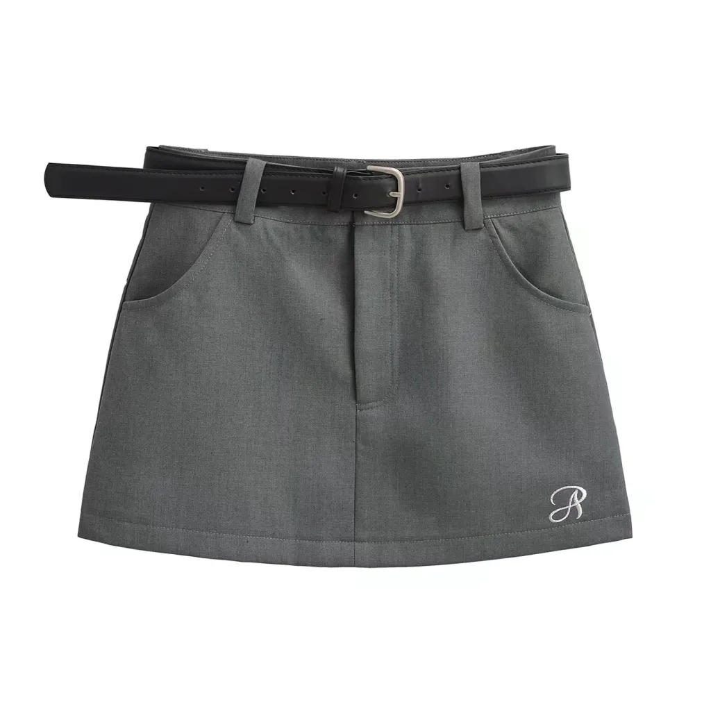 Letter Embroidery Anti-exposure High Waist Retro A- Line Short Skirt For Women - Gray