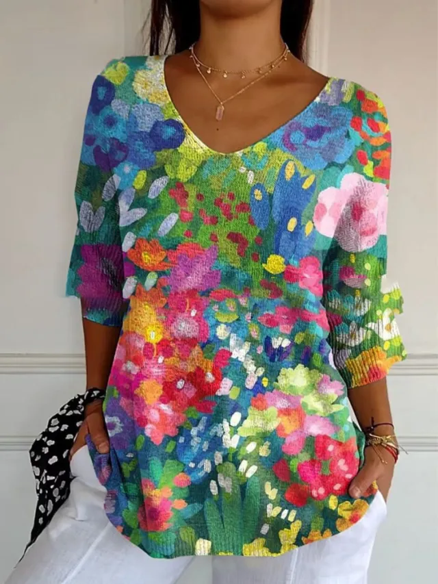 Floral 3d Printed Women's V neck T shirt Printed Round Neck Short Sleeve Style1 - Shop at LoveMi