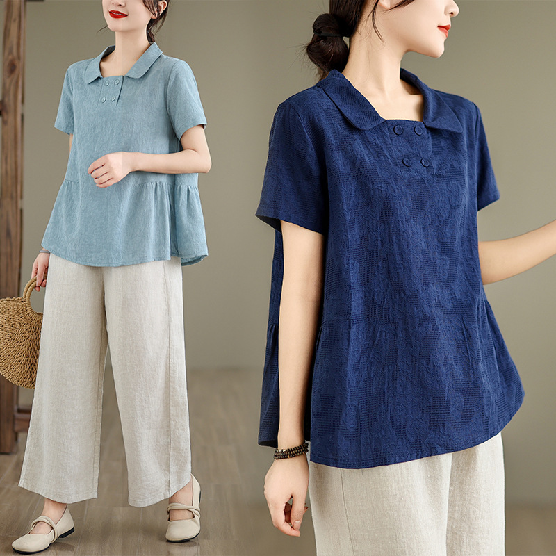 Loose Fit Jacquard Cotton Linen Shirt With A Turn Down Collar And Short Sleeves Top