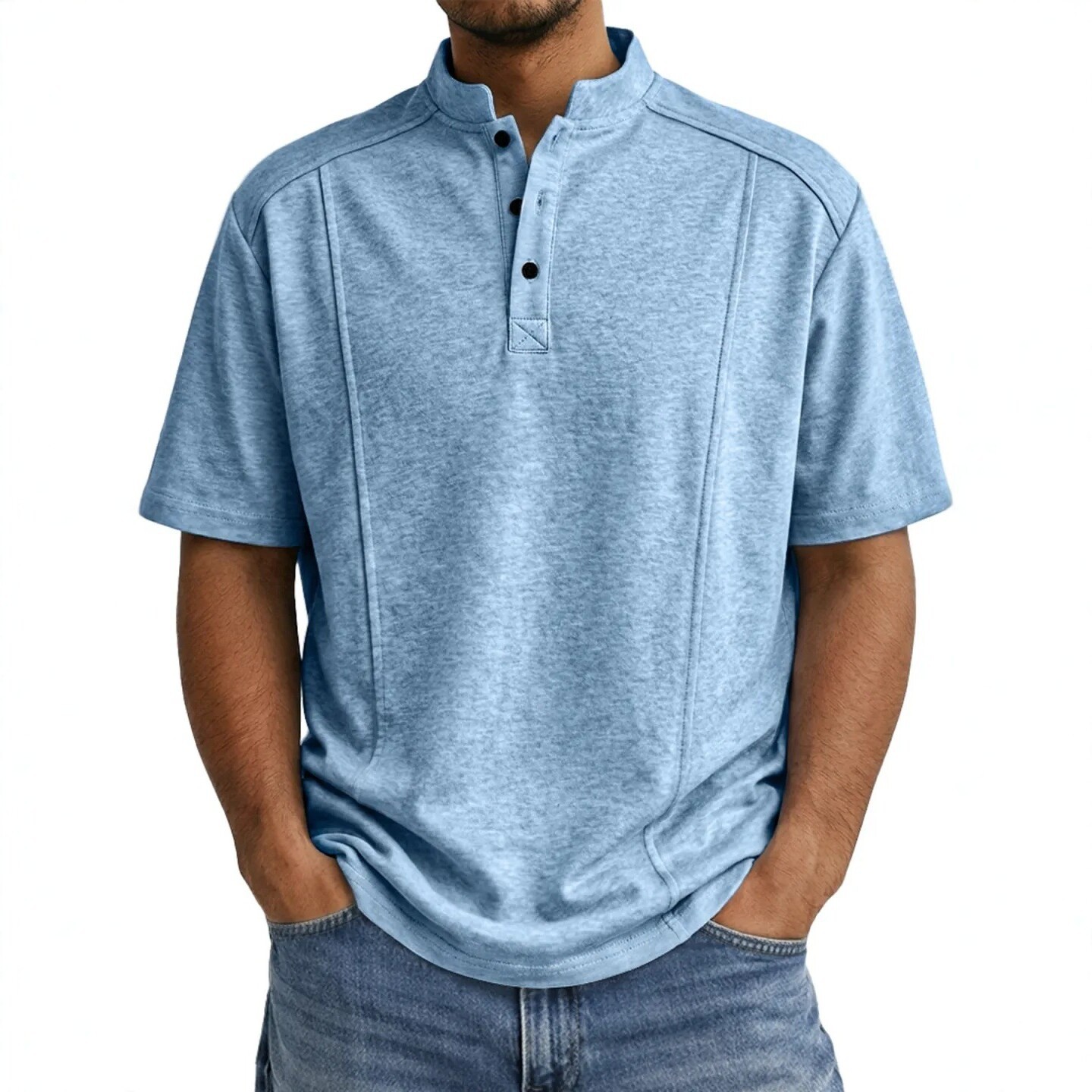 Men's Simple Knitted Henley-Neck Short-Sleeve Polo Shirt