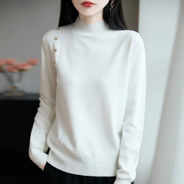Semi high Collar Knitted Women's Innerwear Base Sweater White - Shop at LoveMi
