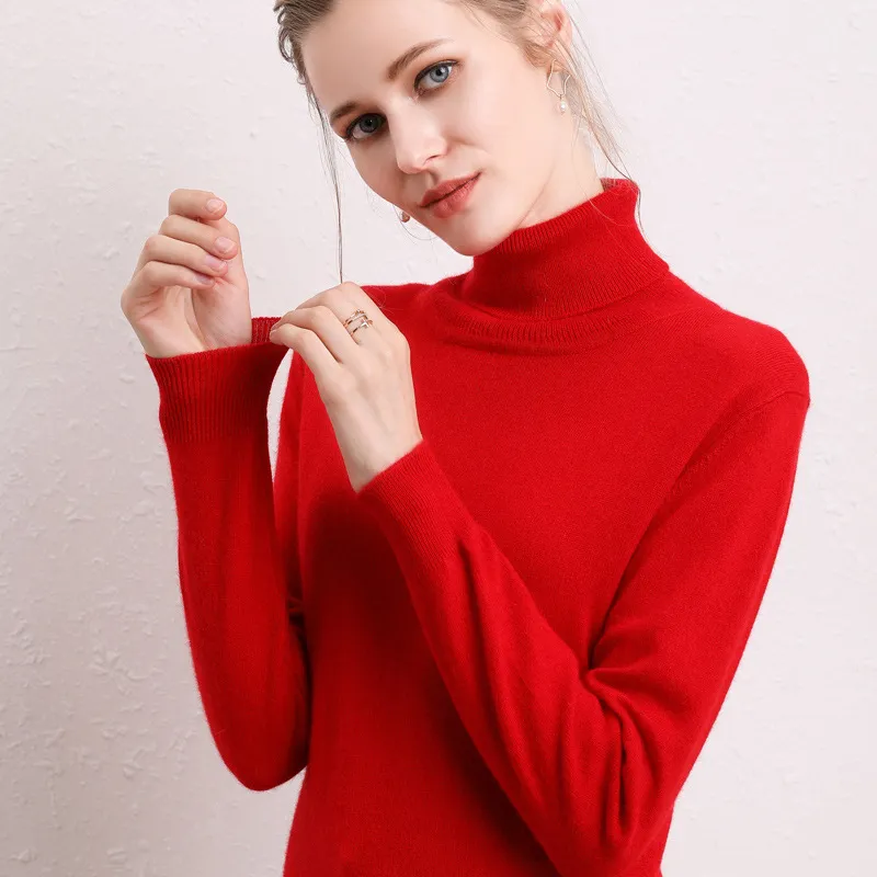 Cashmere Sweater High Lapel Knitted Pullover Bottoming Shirt - Bright Red