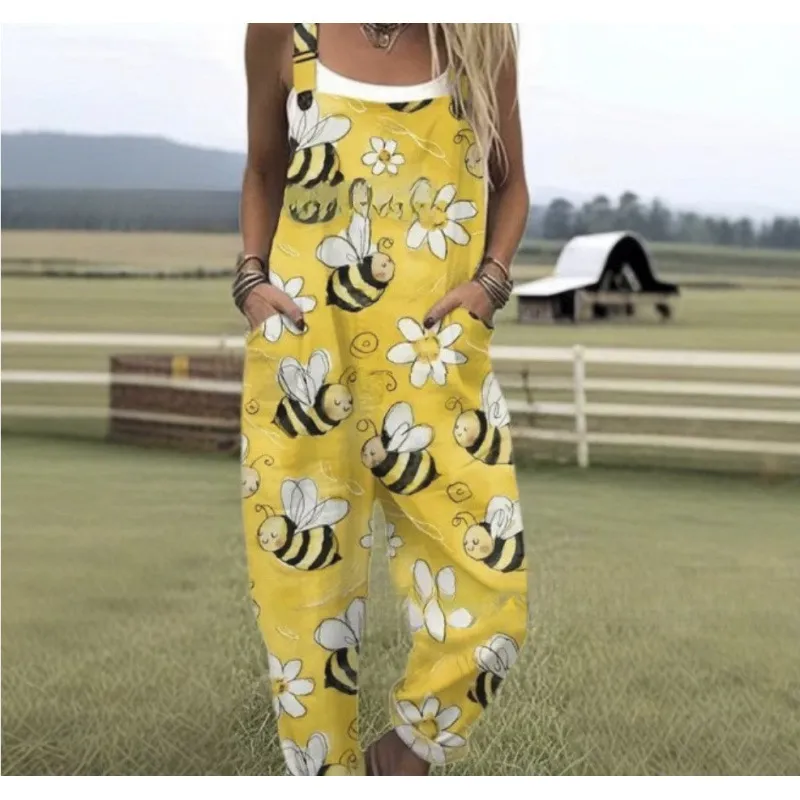 Women's Summer Digital Printing Button Casual Suspender Trousers - Tjrjddk018-S