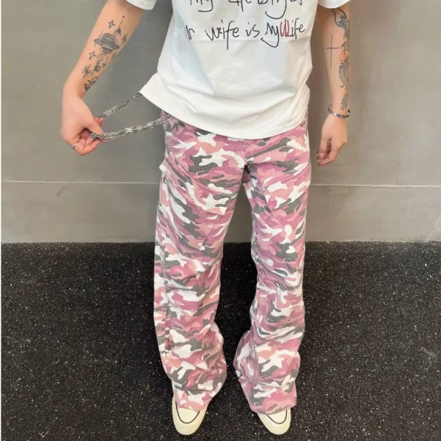 Women's Camouflage Loose Casual Bootcut Trousers Pink - Shop at LoveMi