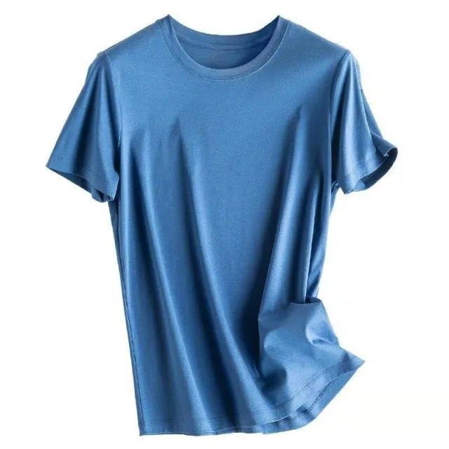 Mulberry Silk Women's Mercerized Cotton T shirt Fine Solid Color Round Neck Short Sleeves Klein Blue - Shop at LoveMi