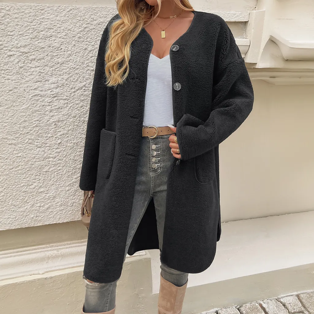 European And American Leisure Cardigan Breasted Pocket Trench Coat - Black