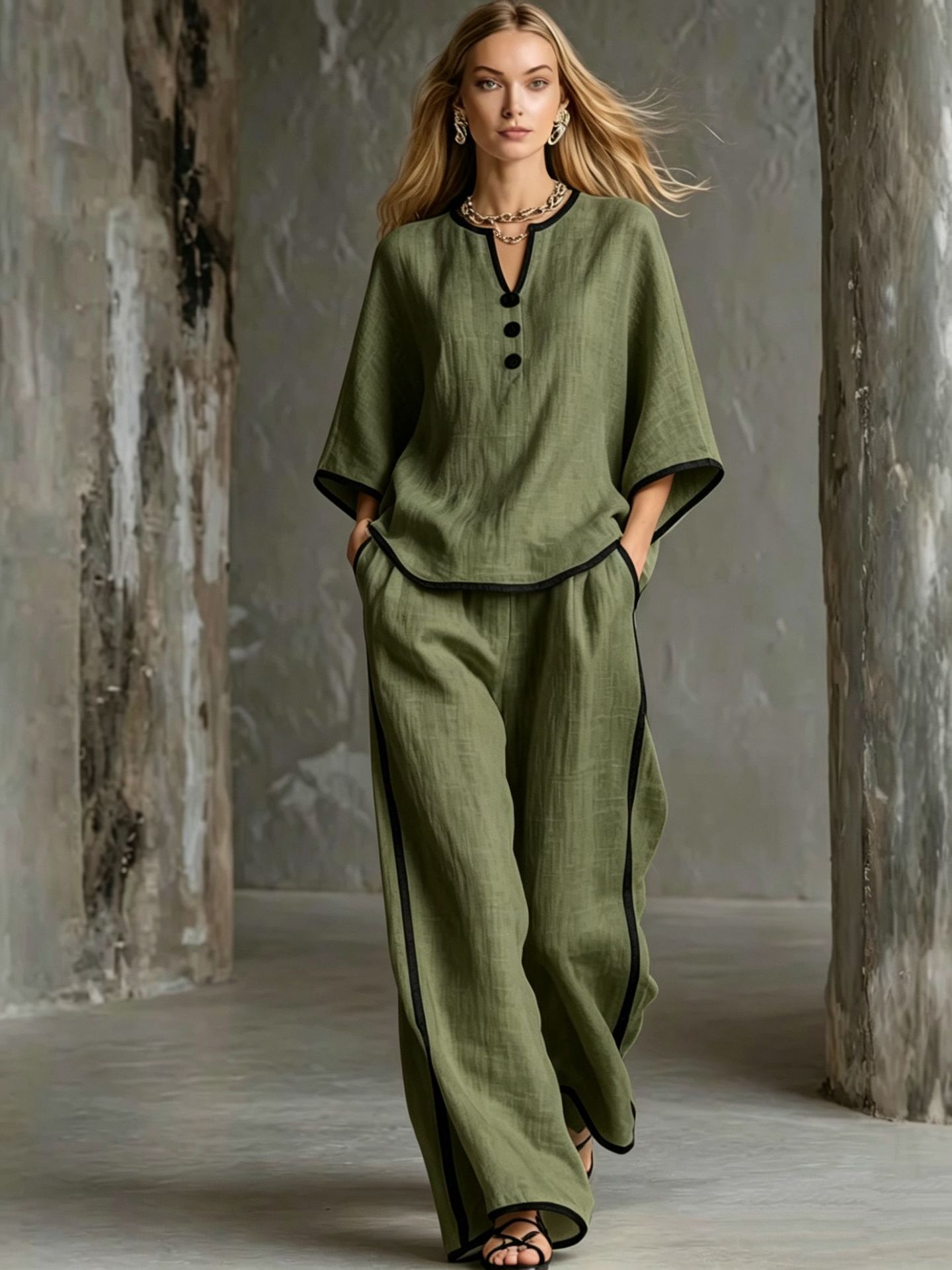 V-neck Loose Batwing-sleeve Top And Wide-leg Pants Set 2