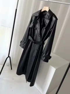 Black Long With Belt Fashionable All-match Leather Wind Coat Coat - Black - View 1