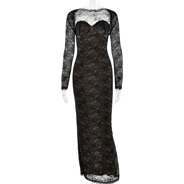 Polyester Women's Lace See through Shawl Long Sleeve Dress Black - Shop at LoveMi