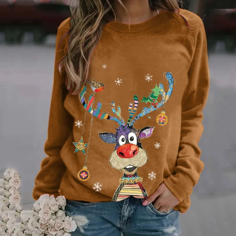 Christmas Pattern Printing Long Sleeve Crew Neck Sweater - Khaki