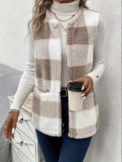Coat Loose Plaid Colour Stitching Knitted Cardigan Sweater - Khaki - View 1