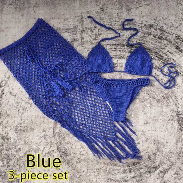 3 piece European And American Handmade Crochet Bikini Beach Skirt Swimsuit Suit Blue - Shop at LoveMi