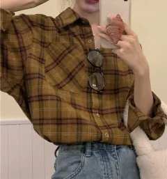 Womens Retro Brushed Plaid Casual Shirt - Yellow - View 1