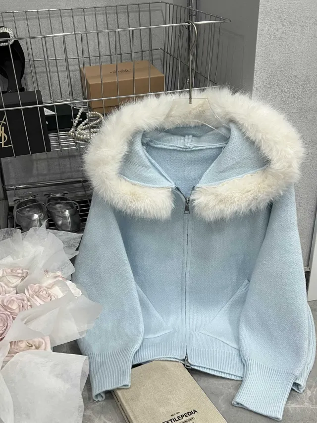 Thickened Hooded Large Fur Collar Knitted Women's Clothing Loose Casual Sweater Light Blue - Shop at LoveMi