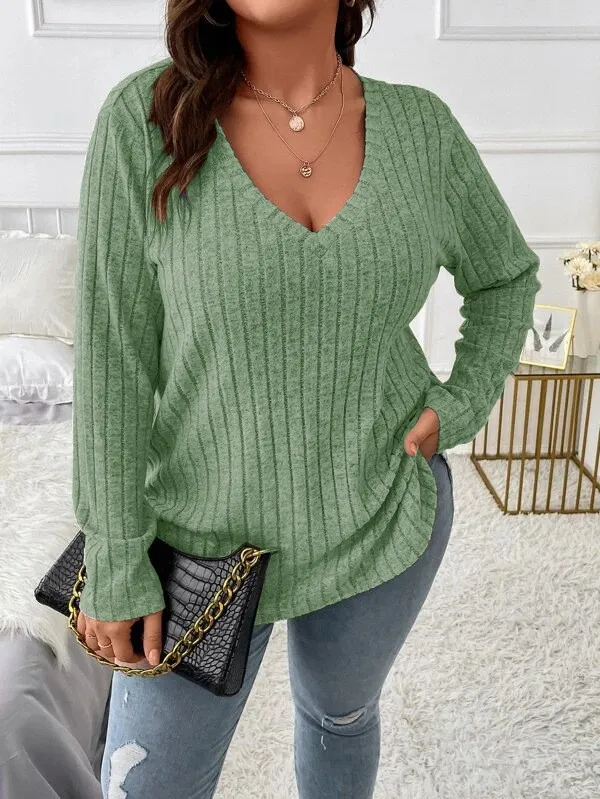 Top V neck Long Sleeve Sunken Stripe Brushed Loose Pullover Light Green - Shop at LoveMi