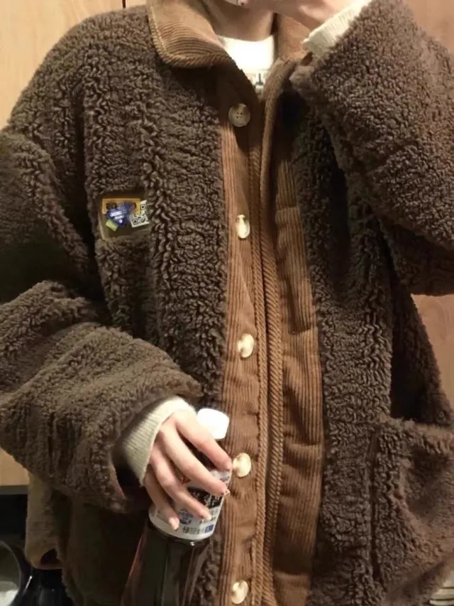 Korean Style Loose Thick Lamb Wool Stitching Corduroy Coat Brown - Shop at LoveMi