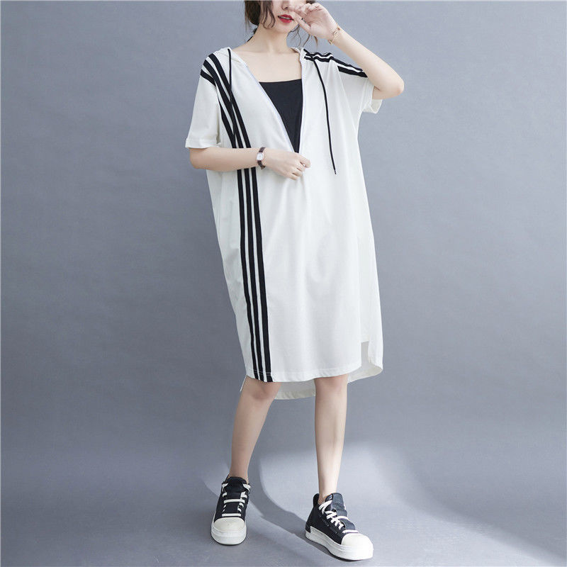 Women's Hooded Mid length Loose Design High end Fake Two piece Dress White - Shop at LoveMi