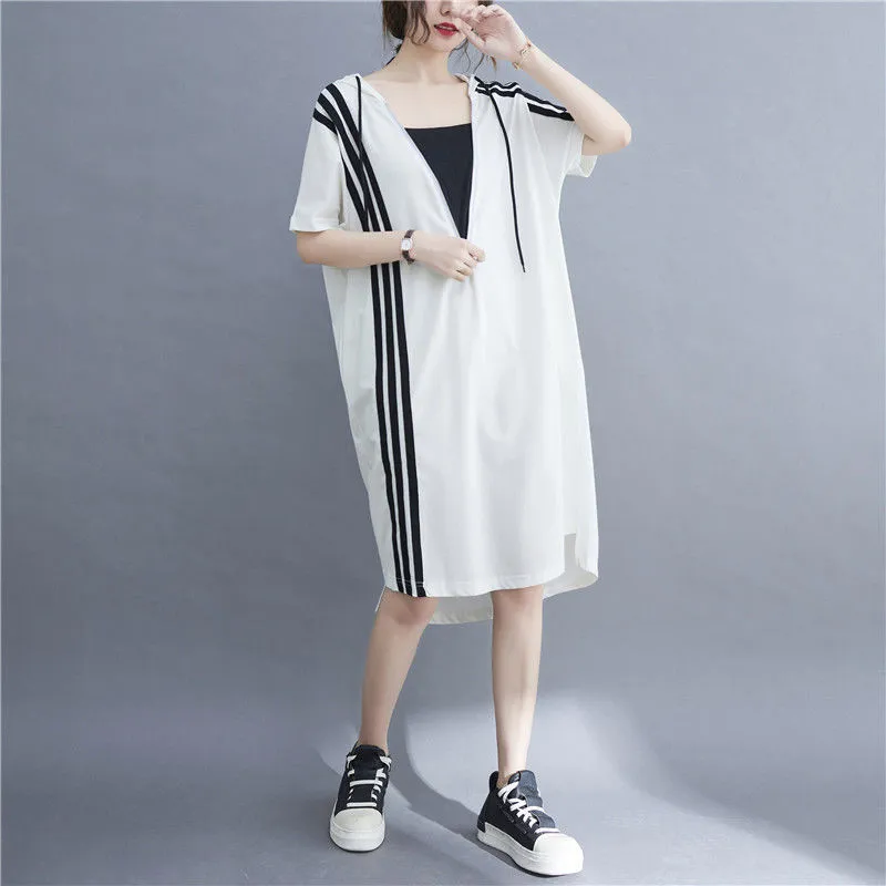 Women's Hooded Mid-length Loose Design High-end Fake Two-piece Dress - White