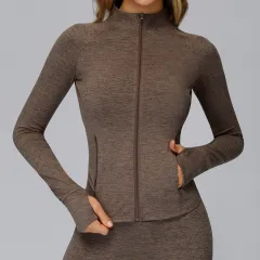 Brushed Long Sleeve Coat Zipper Pocket Quick-drying Tight Sports Jacket - Rock Brown - View 1