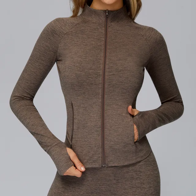 Brushed Long Sleeve Coat Zipper Pocket Quick drying Tight Sports Jacket Rock Brown - Shop at LoveMi