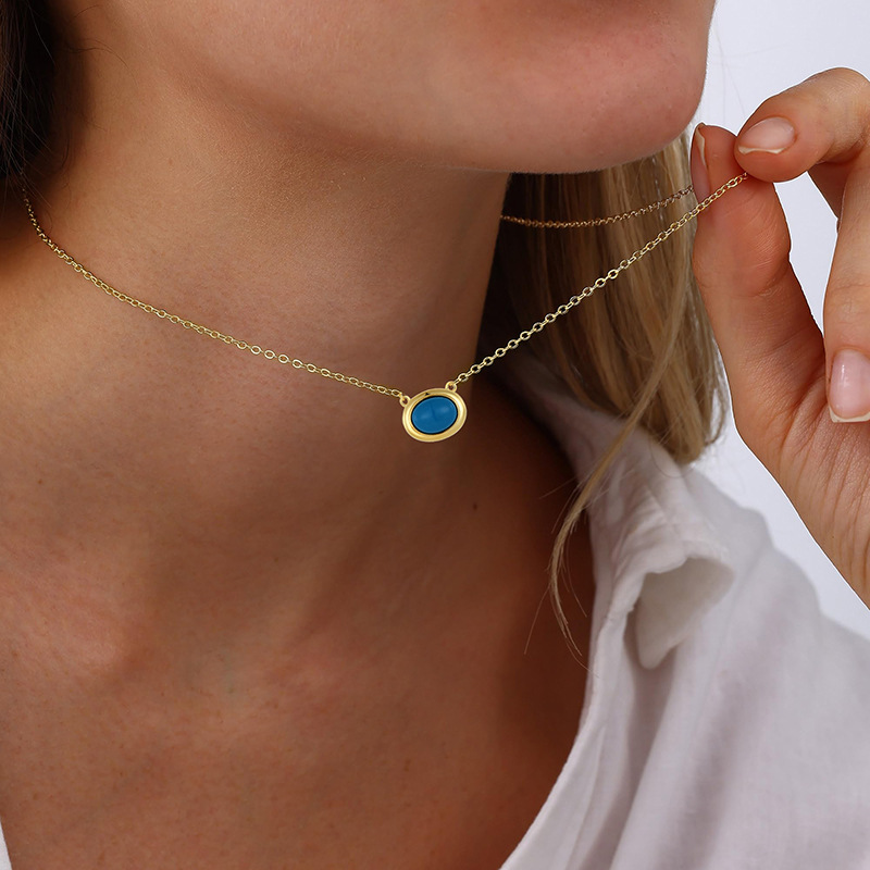 925 Sterling Silver Geometric Oval Turquoise Necklace