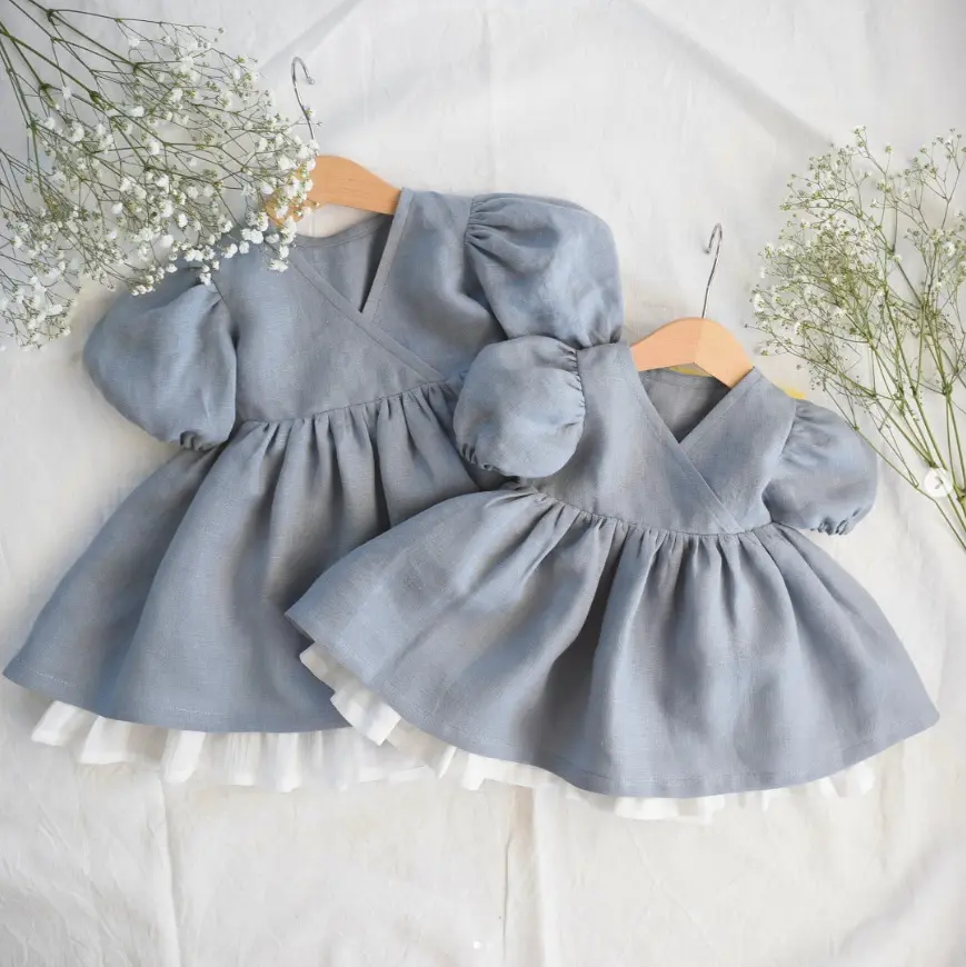 Cotton-linen Short-sleeve Puff-sleeve Dress