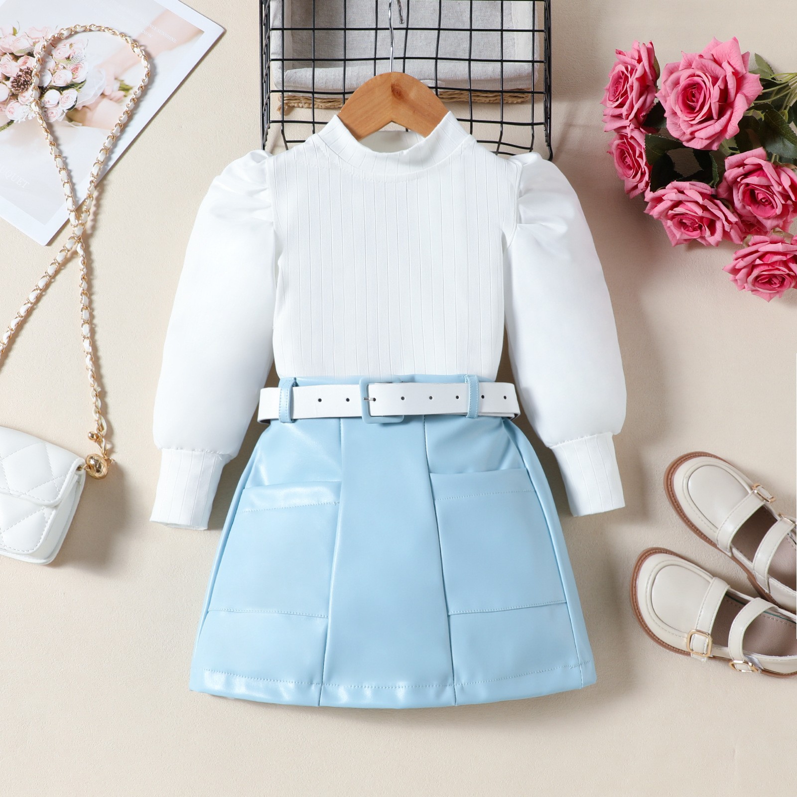 Little Girls Puff-Sleeve Top Solid-Color PU Leather Skirt And Belt Set