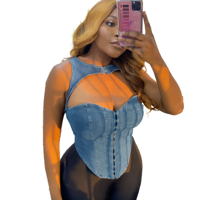 Autumn Denim Hollow Vest Top Women's Fashion Sexy Push-up Hot Girl