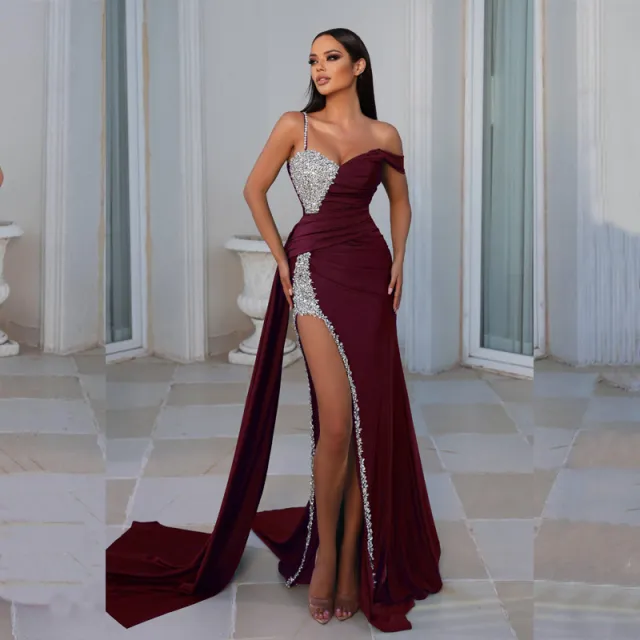 Elegant Heavy Work Gilding Split Expansion Skirt Ball Evening Dress Wine Red - Shop at LoveMi