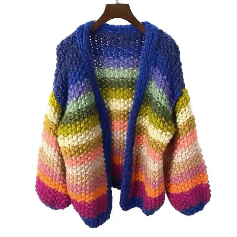 Thick Needle Sweater Coat Rainbow Striped Contrast Color Sweater Cardigan - Color