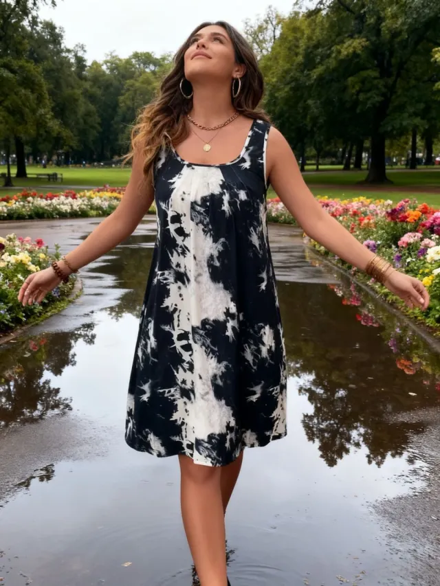 Simple, Relaxed fit Dress With An Ink wash Print And A Tank Top Design Tan - Shop at LoveMi
