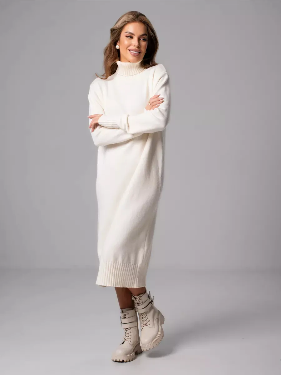 Women's High Collar Loose Inner Solid Colour Knitted Dress - White