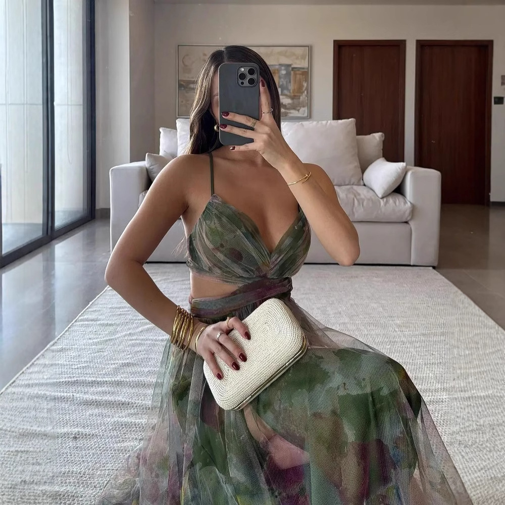 Mesh Printing Slip Dress Holiday Leisure Party